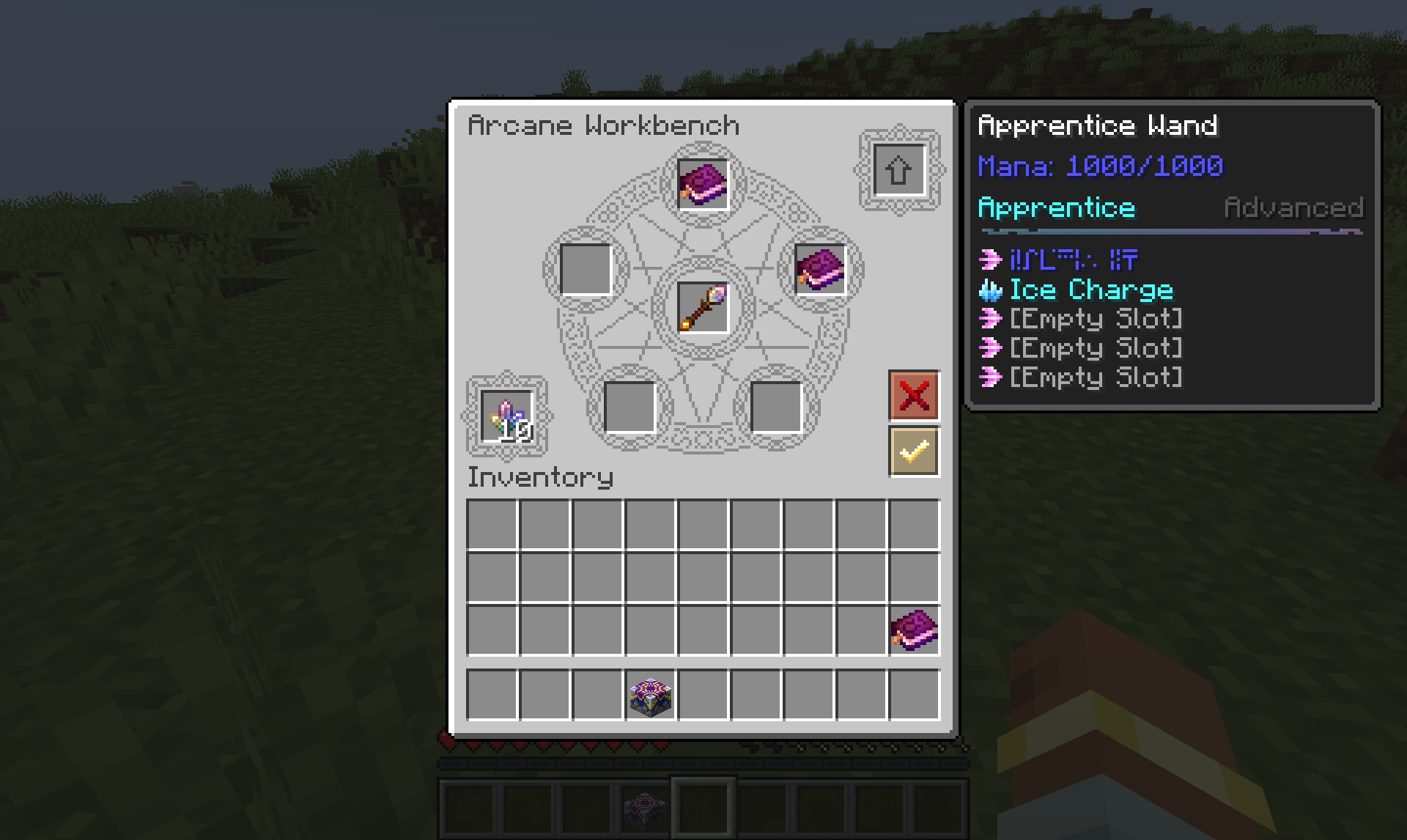 Arcane workbench with crystals, spell books and wand